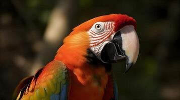 dichtbij omhoog portret schot rood scharlaken ara papegaai vogel natuur vervagen bokeh achtergrond. ai gegenereerd foto