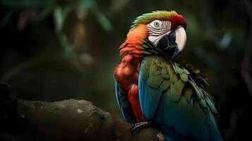 dichtbij omhoog portret schot twee rood scharlaken ara papegaai vogel natuur vervagen bokeh achtergrond. ai gegenereerd foto