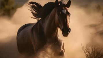 dichtbij omhoog van bruin wild paard rennen in de natuur vervagen achtergrond met veel van stof Aan de grond. ai gegenereerd foto