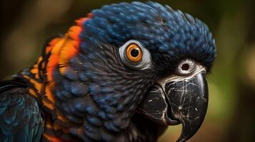 dichtbij omhoog portret schot twee rood scharlaken ara papegaai vogel natuur vervagen bokeh achtergrond. ai gegenereerd foto