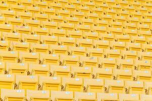 leeg geel stoelen Bij stadion, rijen van stoel Aan een voetbal stadion, selecteer focus foto
