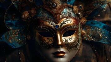 een blauw goud met goud detail vol gezicht carnaval masker festival mooi met studio schot voor concept en reclame gebruikt. ai gegenereerd foto