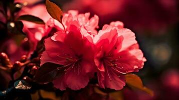 mooi dichtbij omhoog een Afdeling van roze kers bloesem bloemen of sakura bloemen Bij de boom wazig achtergrond. ai gegenereerd foto