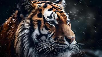 dichtbij omhoog portret van kant gezicht woest carnivoor tijger staren of op zoek Rechtdoor vooruit Bij winter sneeuw achtergrond. ai gegenereerd foto