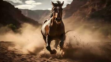 bruin wild paard rennen in de natuur vervagen achtergrond met veel van stof Aan de grond. ai gegenereerd foto