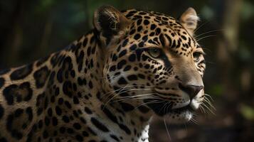 dichtbij omhoog portret van kant gezicht woest carnivoor luipaard, staren of op zoek Rechtdoor vooruit Bij natuur achtergrond. ai gegenereerd foto