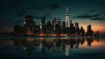 boeiend stadsgezicht Bij nacht, met verlichte wolkenkrabbers en reflecterende wateren. ai gegenereerd foto
