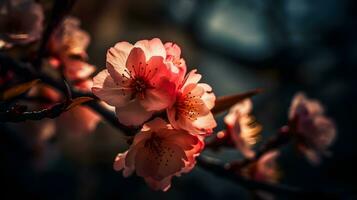 mooi dichtbij omhoog een Afdeling van roze kers bloesem bloemen of sakura bloemen Bij de boom wazig achtergrond. ai gegenereerd foto