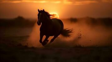 silhouet van bruin wild paard rennen in de woestijn, avond zonsondergang gouden uur, natuur vervagen achtergrond. ai gegenereerd foto