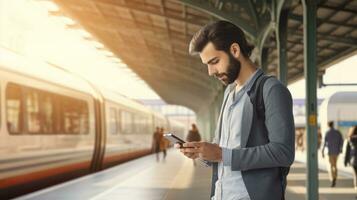 gelukkig jong Mens met smartphone in metro foto