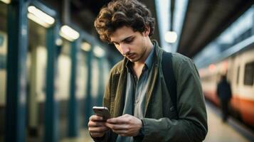 gelukkig jong Mens met smartphone in metro foto