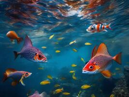 een groot groep van vis zwemmen in de oceaan ai gegenereerd foto