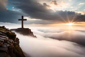 silhouet van christen kruis Bij de berg heuvel voor vrede en geestelijk symbool van christen mensen. inspiratie, opstanding hoop en concept. ai gegenereerd foto