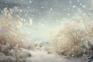 winter landschap met besneeuwd bomen en sneeuwvlokken. 3d veroorzaken, een betoverend tafereel van sneeuwvlokken afdrijven in de wind, met zacht kleuren en een dromerig atmosfeer, ai gegenereerd foto