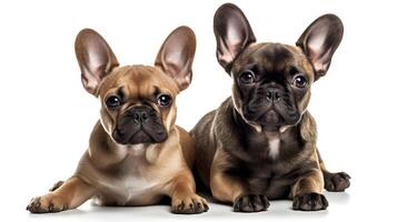 twee schattig bruin weinig puppy's Frans bulldog zitten en op zoek Bij de camera, studio schot geïsoleerd Aan wit achtergrond. ai gegenereerd foto