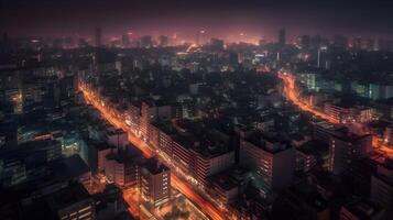 levendig stedelijk horizon en boeiend stadsgezicht verlichte Bij nacht. ai gegenereerd foto