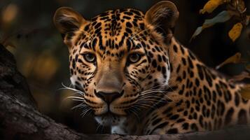 dichtbij omhoog portret van kant gezicht woest carnivoor luipaard, staren of op zoek Rechtdoor vooruit Bij natuur achtergrond. ai gegenereerd foto