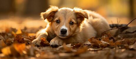 hond in herfst bladeren achtergrond foto