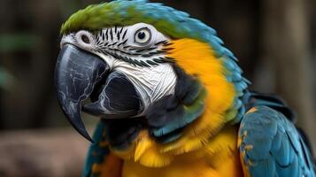 dichtbij omhoog portret schot van mooi blauw geel ara papegaai vogel hoofd. ai gegenereerd foto