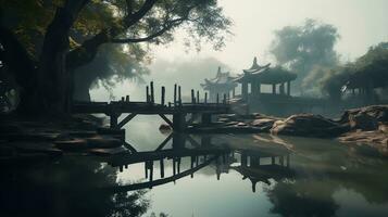 nevelig ochtend- met kalmte meer, mist, en sereen reflectie in natuur. oud Chinese ruïneren en rivier. ai gegenereerd foto