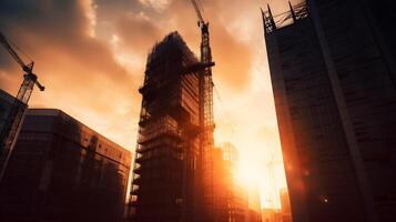 wolkenkrabber gebouw onder bouw in de plaats project veel van toren kraan nemen plaats in de avond gouden uur zonsondergang in de stad. ai gegenereerd foto