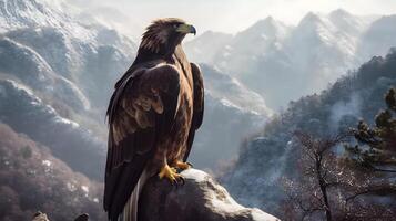 gouden adelaar aquila chrysaetos staand in de rots hoog grond met rotsachtig nok berg achtergrond. ai gegenereerd foto