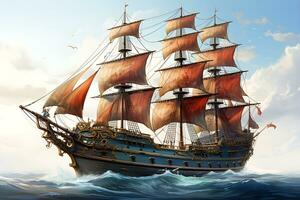 visie van piraat schip in zonnig oceaan ,klassiek schip landschap ,generatief ai foto