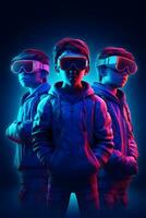 gamer vervelend virtueel realiteit bril Aan futuristische blauw neon achtergrond ,generatief ai foto