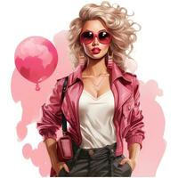 Barbie mode, mooi blond vrouw in een portret vervelend een roze modieus kleding ai generatief foto