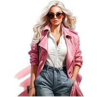 Barbie mode, mooi blond vrouw in een portret vervelend een roze modieus kleding ai generatief foto