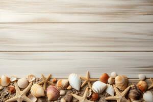 zomer zee vakantie achtergrond - schelpen, ster Aan een houten blauw achtergrond ai generatieve zomer zee vakantie achtergrond - schelpen, ster Aan een houten blauw achtergrond ai generatief foto