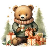 schattig teddy beer Holding een stack van Kerstmis cadeaus Aan wit achtergrond illustratie ai generatief foto