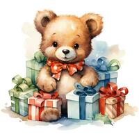 schattig teddy beer Holding een stack van Kerstmis cadeaus Aan wit achtergrond illustratie ai generatief foto