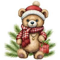 schattig teddy beer Holding een stack van Kerstmis cadeaus Aan wit achtergrond illustratie ai generatief foto