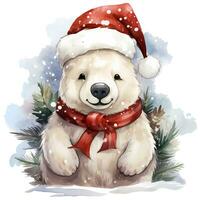 een wit polair beer in een de kerstman claus hoed en sjaal zit Aan een besneeuwd achtergrond ai generatief foto