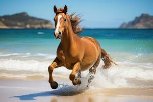 ai gegenereerd bruin paard dier in beweging rennen Aan de strand helder blauw lucht backdrop foto