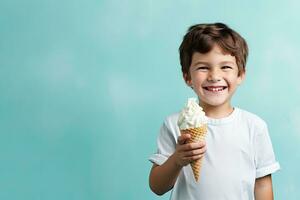 ai gegenereerd jongen Holding wafel ijshoorntje ijs room in emoties gelukkig glimlachen achtergrond helder pastel tonen foto