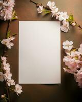 blanco papier voor Gefeliciteerd met sakura bloem, ai gegenereerd foto