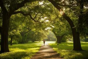 een persoon jogging in een park, genieten van hun dagelijks oefening routine- foto