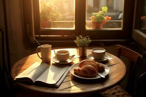 ochtend- koffie en krant- Aan een knus ontbijt tafel. foto