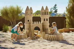 kinderen spelen in een achtertuin, gebouw een Zandkasteel of spelen met een bal. foto