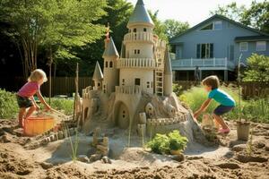 kinderen spelen in een achtertuin, gebouw een Zandkasteel of spelen met een bal. foto