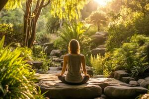 persoon beoefenen yoga in een vredig buitenshuis instelling, Verbinden met natuur. foto