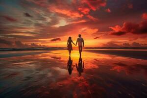 paar nemen een ontspannen wandelen Aan de strand, Holding handen en genieten van de zonsondergang. foto