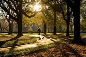 een persoon jogging in een park, genieten van hun dagelijks oefening routine- foto