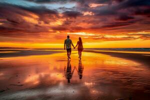 paar nemen een ontspannen wandelen Aan de strand, Holding handen en genieten van de zonsondergang. foto