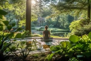 persoon beoefenen yoga in een vredig buitenshuis instelling, Verbinden met natuur. foto