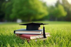 diploma uitreiking pet Aan de top boeken. gelukkig moment in leerzaam situatie. ai gegenereerd foto