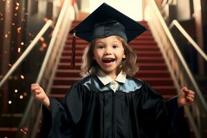 een kind wonderkind vieren diploma uitreiking met certificaat en kap. ai gegenereerd. foto