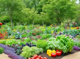 een groente tuin met veel verschillend types van groenten ai gegenereerd foto